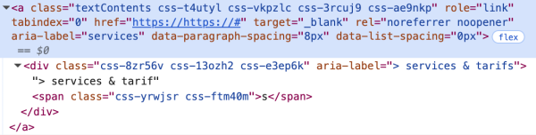 Le code html produit par Figma Sites pour un simple lien. Une balise a avec de multiples attributs, contenant une balise div avec le texte du lien.