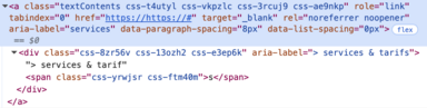 Le code html produit par Figma Sites pour un simple lien. Une balise a avec de multiples attributs, contenant une balise div avec le texte du lien.