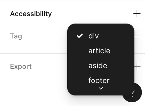 Capture d'écran : un menu select avec les options div, article, aside...
