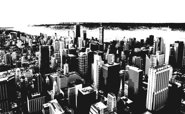 Vue aérienne de gratte-ciels. En arrière-plan une étendue d'eau sans fin. Seul le noir et le blanc purs ressortent pour former l'image.