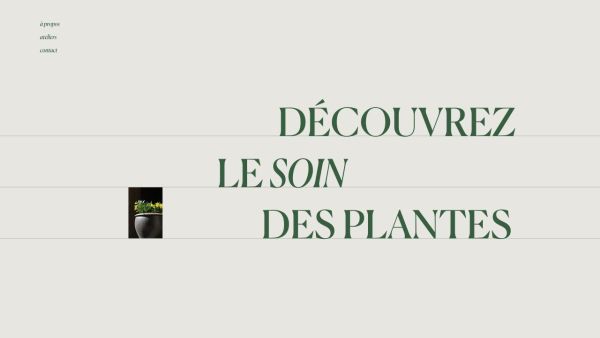 Design d'une page web fictive. Le fond est uni, couleur kaki très clair. Le texte est vert foncé. En haut à gauche le menu contient les éléments À propos, Ateliers et Contact. Au centre et en grandes capitales à empattements, le texte Découvrez le soin des plantes, acompagné d'une petite photo de plante.