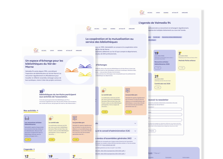 Les 3 pages du site web présentent une palette parme, jaune et orangé sur fond blanc. Les contenus sont répartis en blocs colorés et bien distincts. Un formulaire permet l'inscription à la newsletter.