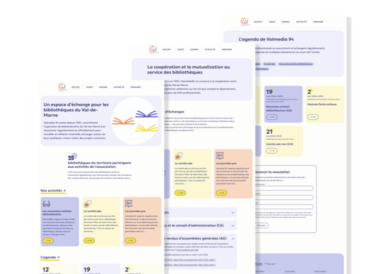 Les 3 pages du site web présentent une palette parme, jaune et orangé sur fond blanc. Les contenus sont répartis en blocs colorés et bien distincts. Un formulaire permet l'inscription à la newsletter.