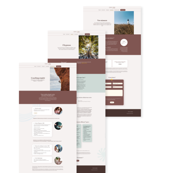 Sur ces 3 pages web partiellement visibles, on peut lire les titres : L'hypnose, Coaching emploi, et Vos séances. Chaque page comprend aussi une photo d'extérieur et du texte.