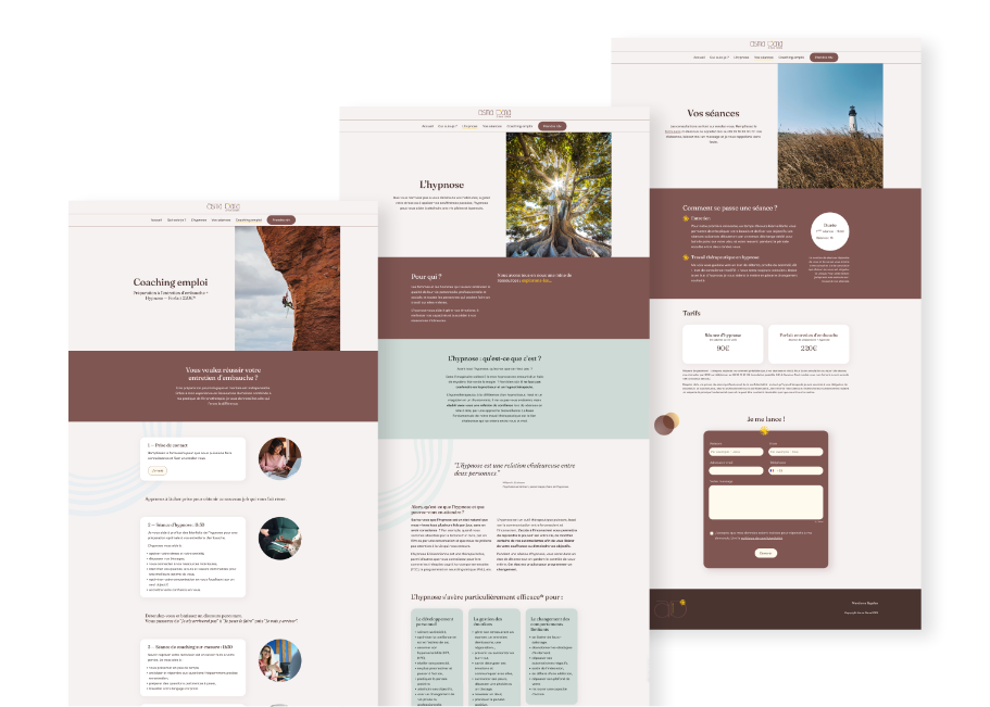 Sur ces 3 pages web partiellement visibles, on peut lire les titres : L'hypnose, Coaching emploi, et Vos séances. Chaque page comprend aussi une photo d'extérieur et du texte.
