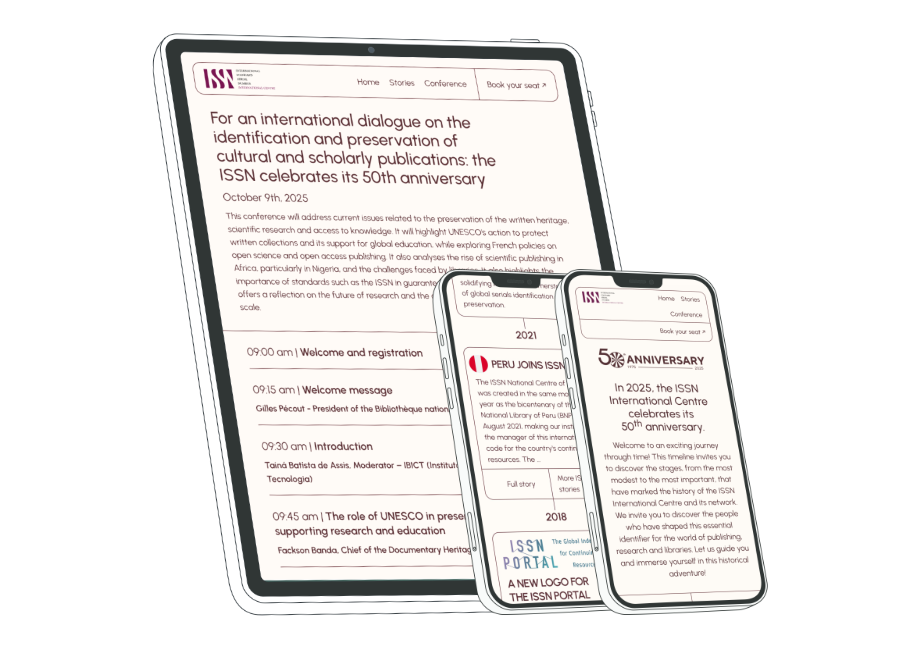 Un smartphone montre le haut de la page d'accueil du site ISSN 50 years, titrée en anglais 50ème anniversaire. Un second smartphone montre un extrait de chronologie. Une tablette montre la page d'un programme de conférences, en anglais.