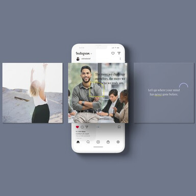 Plusieurs posts Instagram carrés sont alignés au-dessus d'un mockup de l'interface. Les posts représentent des photos, des citations et des phrases courtes. Des éléments en jaune citron viennent relever le gris ardoise utilisé en couleur principale.