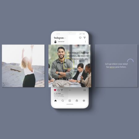 Plusieurs posts Instagram carrés sont alignés au-dessus d'un mockup de l'interface. Les posts représentent des photos, des citations et des phrases courtes. Des éléments en jaune citron viennent relever le gris ardoise utilisé en couleur principale.