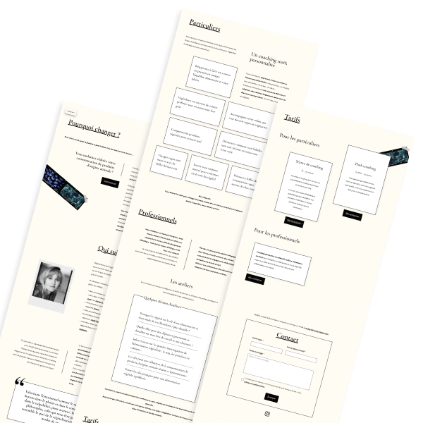 Sur ces 3 captures partielles de pages web, on lit des titres comme Pourquoi changer, Qui suis-je, Particuliers, Tarifs, Pour les professionnels.