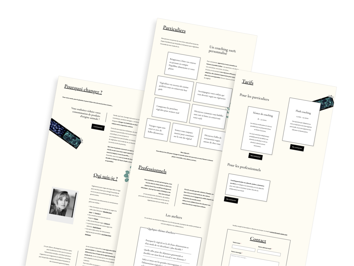 Sur ces 3 captures partielles de pages web, on lit des titres comme Pourquoi changer, Qui suis-je, Particuliers, Tarifs, Pour les professionnels.