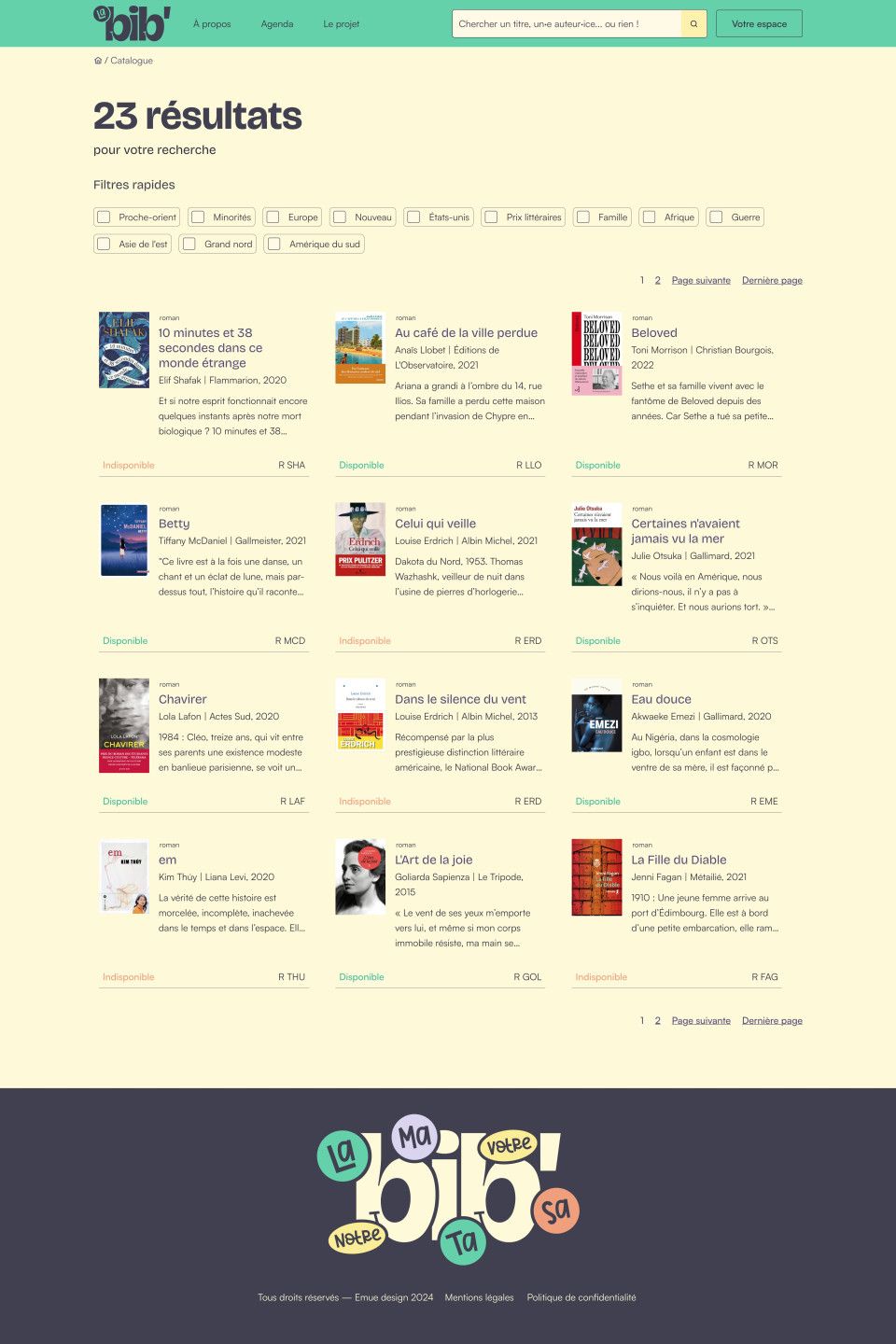 Sur cette page web, le titre : 23 résultats pour votre recherche, est suivi de filtres rapides sous forme de cases à cocher, puis d'une liste de résultats. Chaque résultat comporte la couverture du livre, le titre, l'auteur, l'éditeur, une description, l'année de publication, une cote et le statut Disponible ou Indisponible