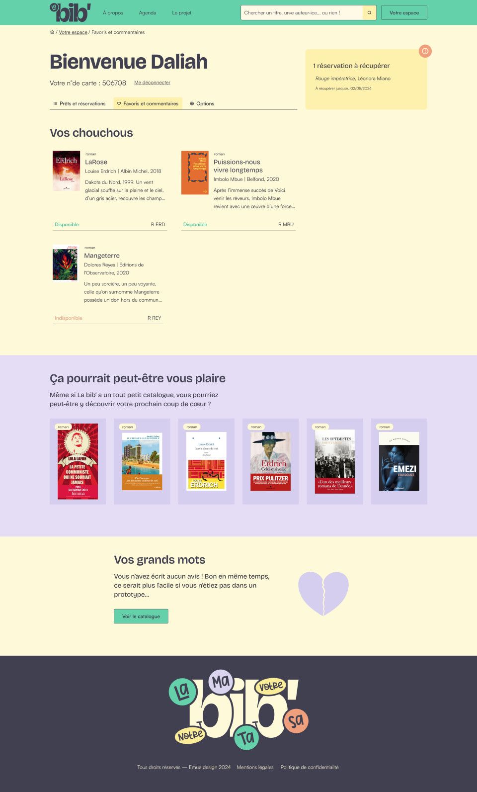 Sur cette page web, on peut lire : Bienvenue Daliah, ainsi qu'une section Vos chouchous comportant 3 descriptions de livres. Suivent une section Ça pourrait aussi vous plaire, et enfin : Vos grands mots.