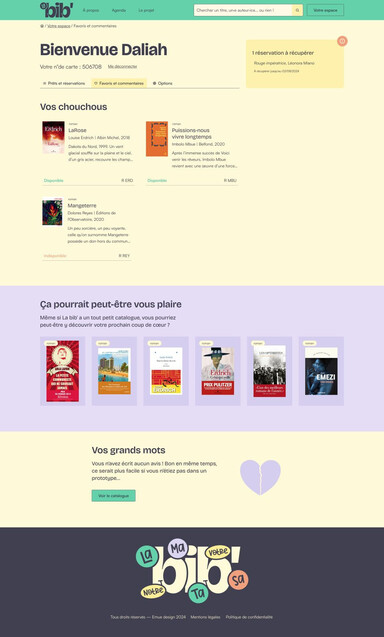 Sur cette page web, on peut lire : Bienvenue Daliah, ainsi qu'une section Vos chouchous comportant 3 descriptions de livres. Suivent une section Ça pourrait aussi vous plaire, et enfin : Vos grands mots.