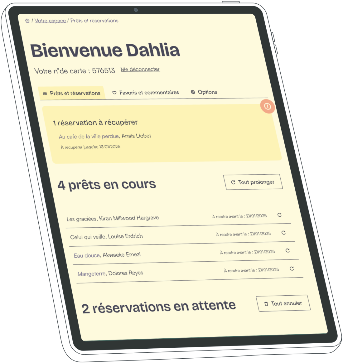 Sur une tablette, la page web comporte le titre Bienvenue Dahlia, suivi d'un encart 1 réservation à récupérer, puis d'une liste 4 prêts en cours accompagnée d'un bouton Tout prolonger. Chaque élément de la liste comporte le titre, l'auteur, et une date de retour.