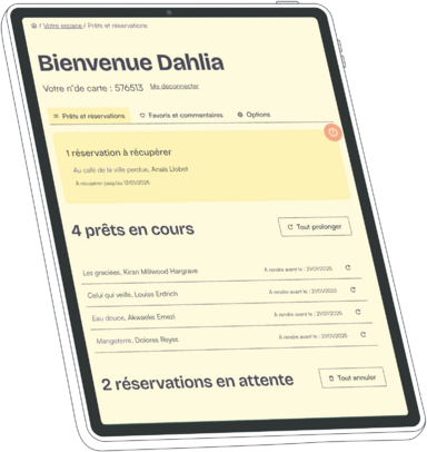 Sur une tablette, la page web comporte le titre Bienvenue Dahlia, suivi d'un encart 1 réservation à récupérer, puis d'une liste 4 prêts en cours accompagnée d'un bouton Tout prolonger. Chaque élément de la liste comporte le titre, l'auteur, et une date de retour.