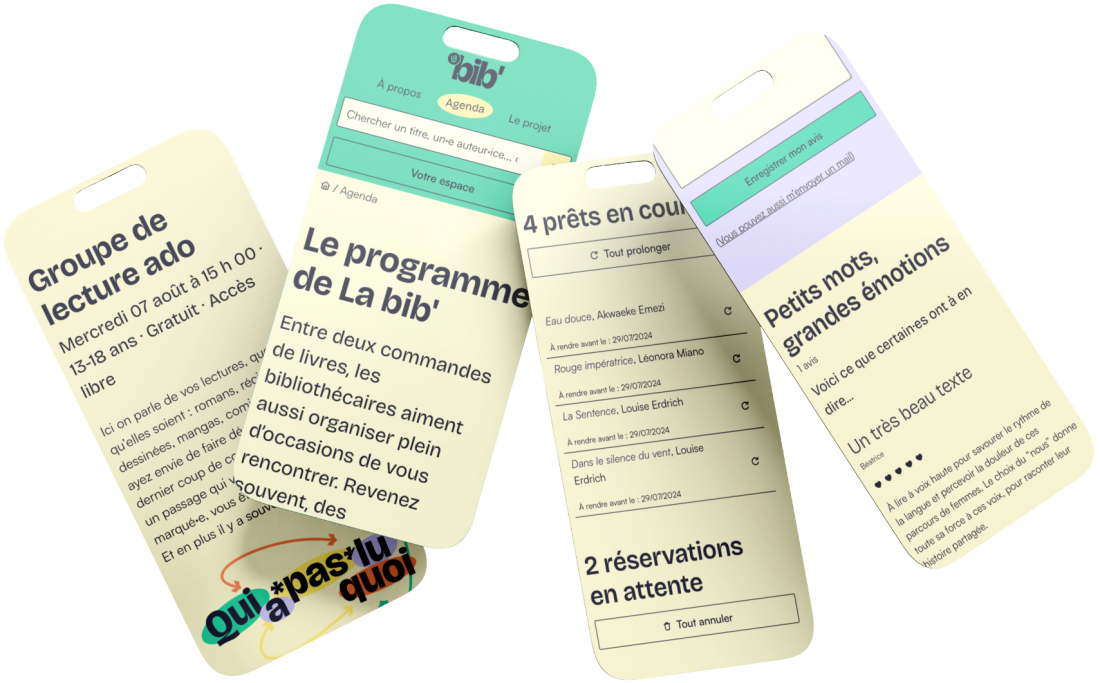 4 pages du site au format smartphone. Les titres visibles sont, dans l'ordre : Groupe de lecture ado, Le programme de La bib', 4 prêts en cours, et Petits mots, grandes émotions.