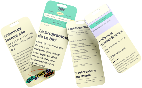 4 pages du site au format smartphone. Les titres visibles sont, dans l'ordre : Groupe de lecture ado, Le programme de La bib', 4 prêts en cours, et Petits mots, grandes émotions.