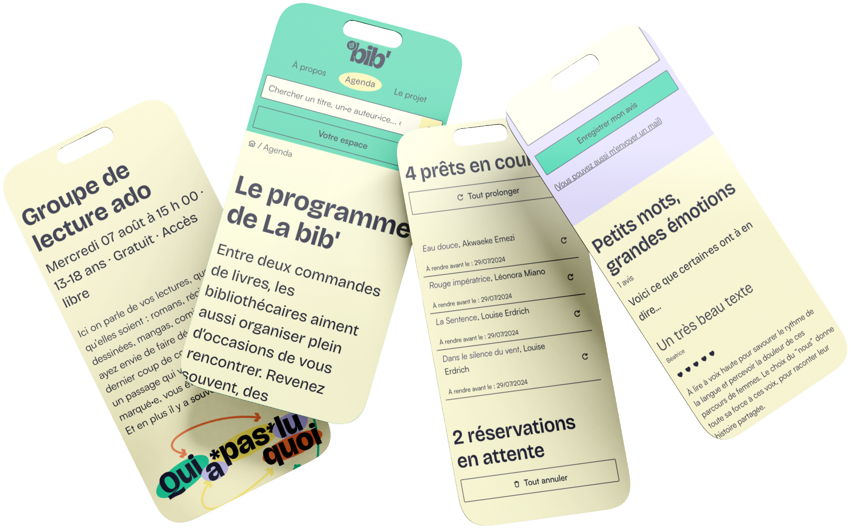4 pages du site au format smartphone. Les titres visibles sont, dans l'ordre : Groupe de lecture ado, Le programme de La bib', 4 prêts en cours, et Petits mots, grandes émotions.
