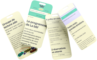 4 pages du site au format smartphone. Les titres visibles sont, dans l'ordre : Groupe de lecture ado, Le programme de La bib', 4 prêts en cours, et Petits mots, grandes émotions.