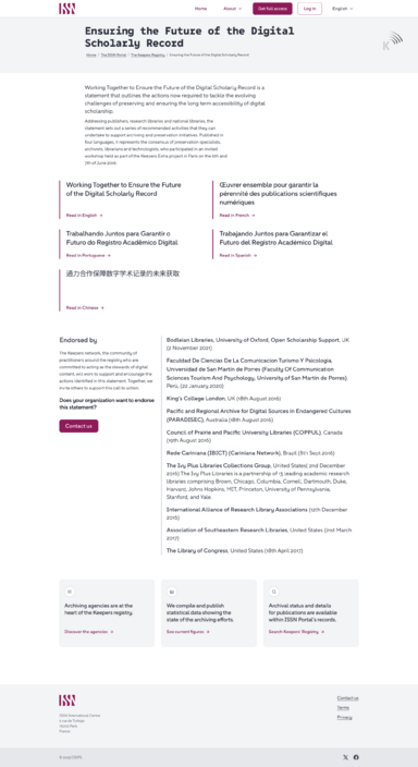 La page web est titrée : Ensuring the future of the Digital Scholarly Record. On y voit plusieurs blocs d'informations multilingues. La palette est blanche, gris clair, et bordeaux.