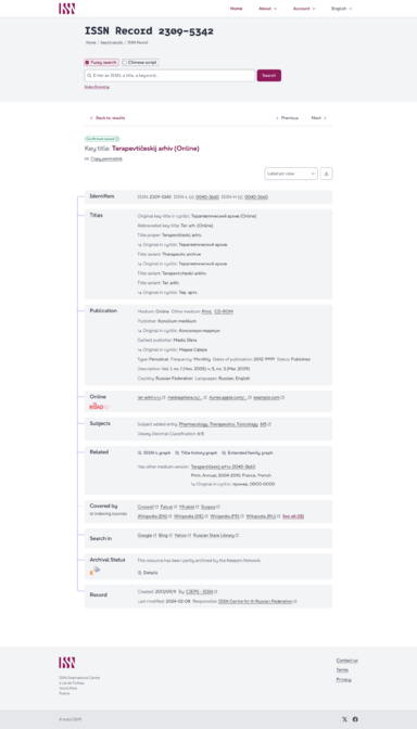 Sur cette page web, on lit : ISSN record 2309-5342 suivi d'un formulaire de recherche, puis d'une notice structurée par Identifiers, Titles...
