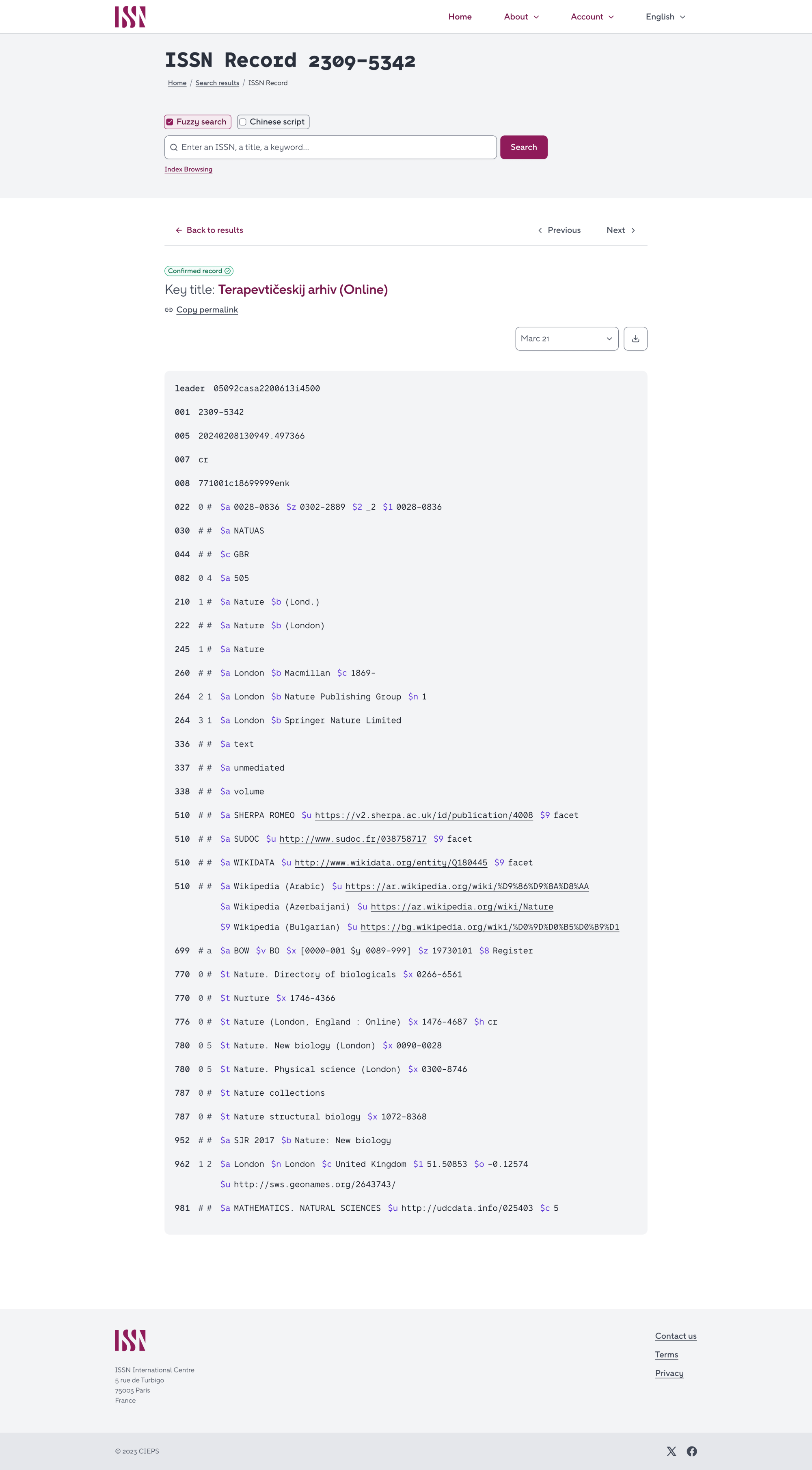 Sur cette page web on lit : ISSN record 0028-0836 puis du contenu structuré en langage Marc21.