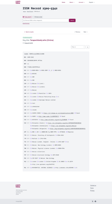 Sur cette page web on lit : ISSN record 0028-0836 puis du contenu structuré en langage Marc21.