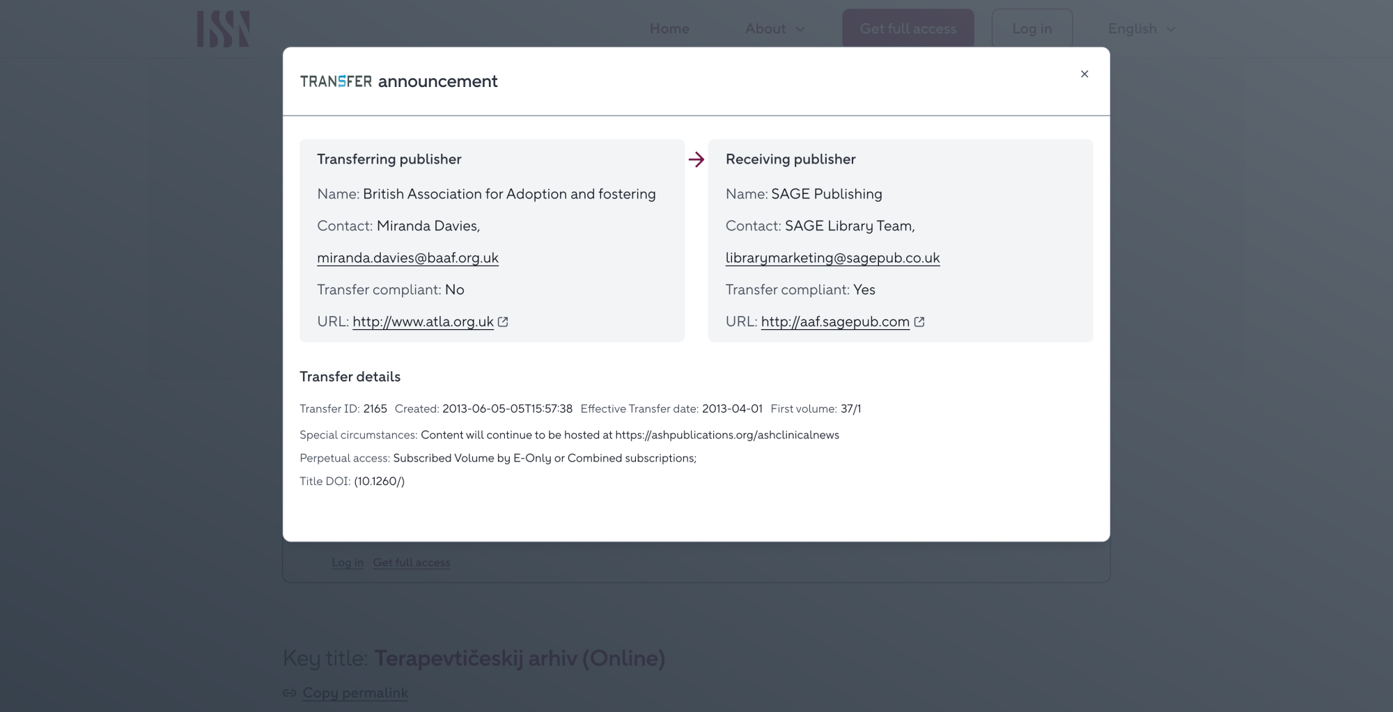 Une fenêtre modale présente Transfer annoucement suivi de blocs d'informations de Transferring publisher vers Receiving publisher
