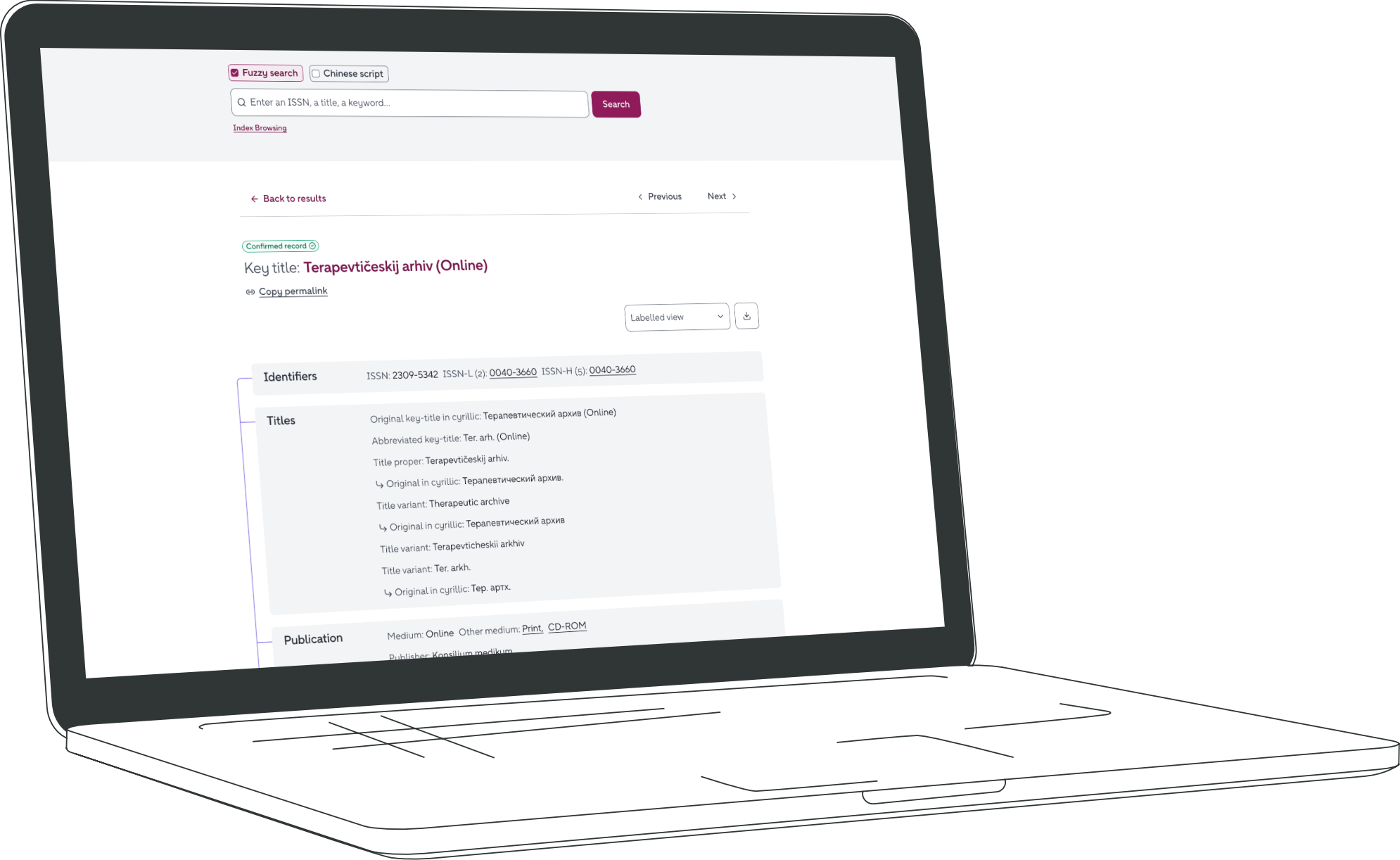 Présentée sur le dessin d'un ordinateur portable, la page web comporte un champ de recherche et une notice ISSN.