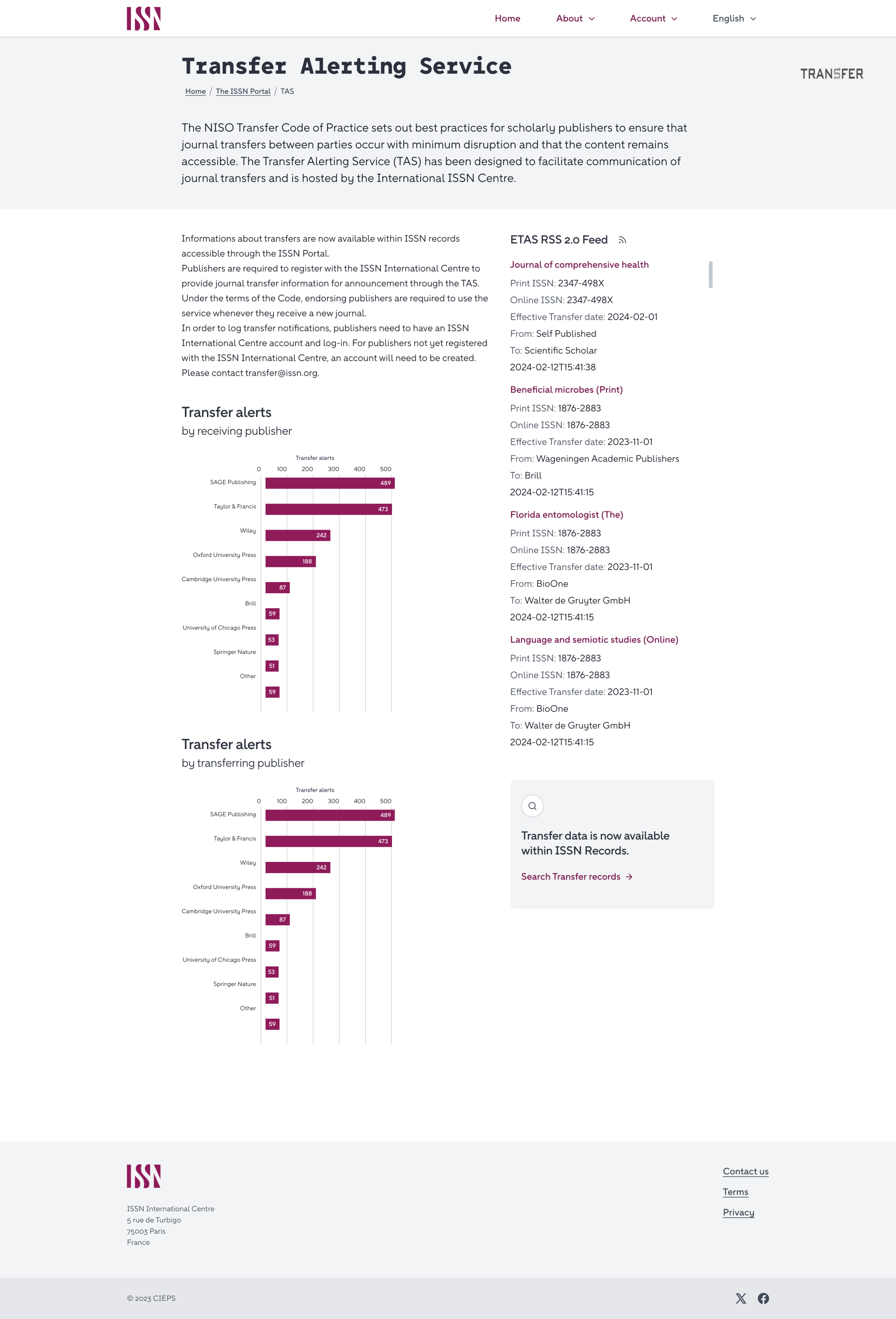La page web est intitulée Transfer Alerting Service. Elle présente du texte et des graphiques à barres horizontales, ainsi qu'une barre latérale contenant un flux d'informations.