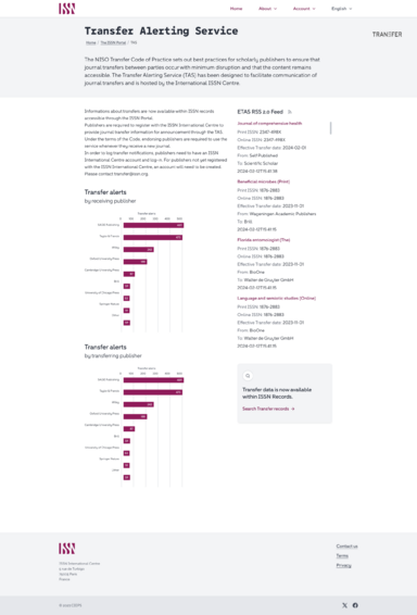 La page web est intitulée Transfer Alerting Service. Elle présente du texte et des graphiques à barres horizontales, ainsi qu'une barre latérale contenant un flux d'informations.