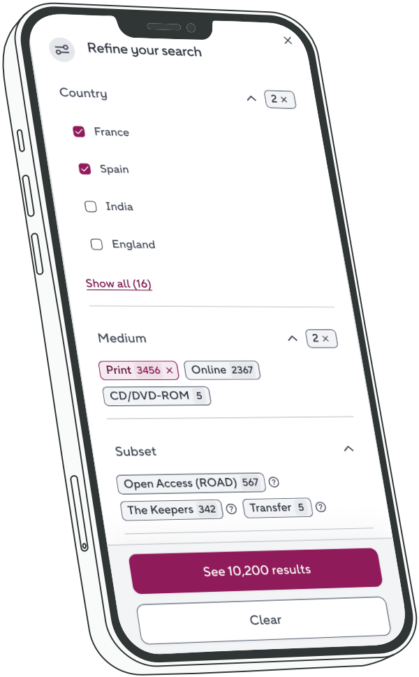 Sur cette page web présentée sur un smartphone dessiné, on lit : Refine your search, suivi de plusieurs groupes de cases à cocher et cartouches à sélectionner puis de 2 boutons : See 10,200 results et Clear.