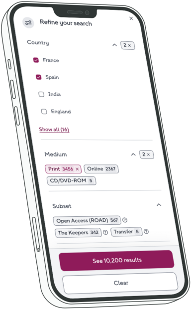 Sur cette page web présentée sur un smartphone dessiné, on lit : Refine your search, suivi de plusieurs groupes de cases à cocher et cartouches à sélectionner puis de 2 boutons : See 10,200 results et Clear.